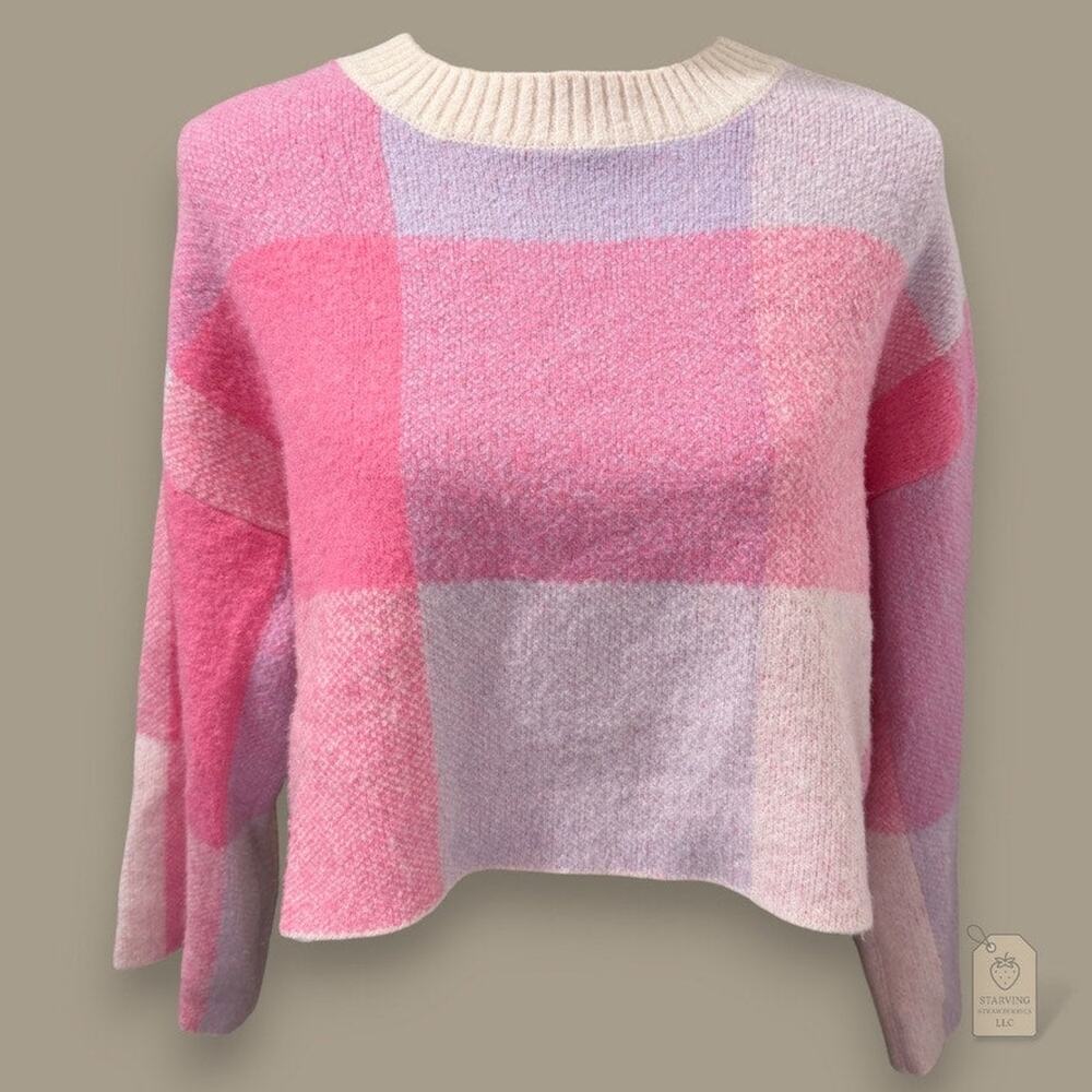 Pink & Lavender Plaid Cropped Sweater Women's XS | Wide Sleeves